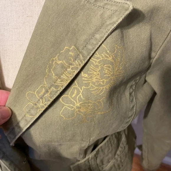 SO Olive Green Cotton Denim Jacket Gold Floral L - Picture 4 of 9